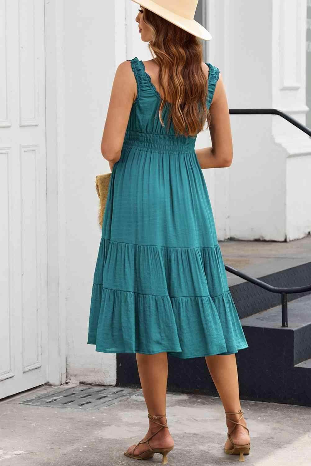 Smocked Waist Sleeveless Tiered Dress with Pockets Midi - Selvanelle