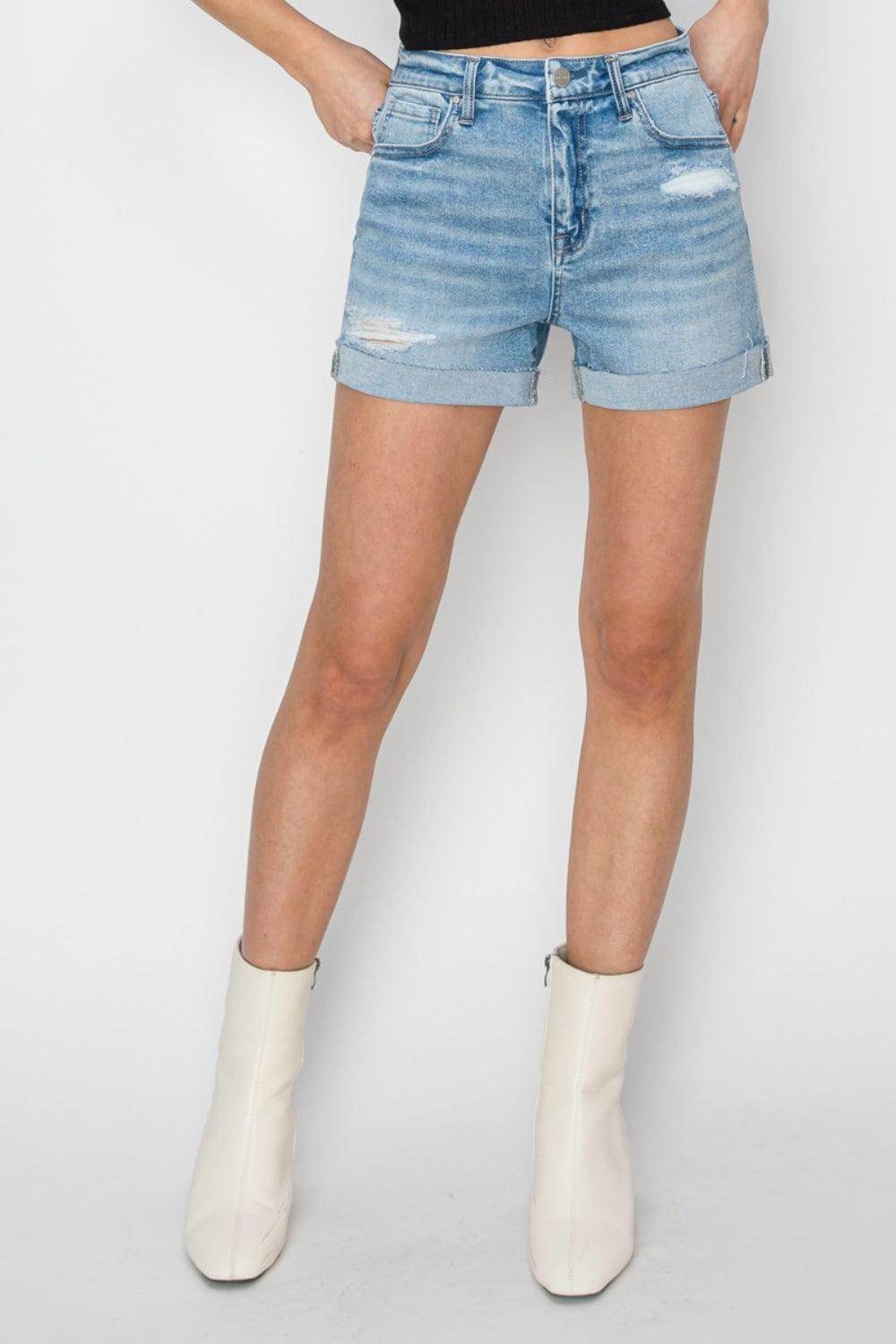 RISEN Distressed Mid-Rise Waist Denim Shorts for Women - Selvanelle