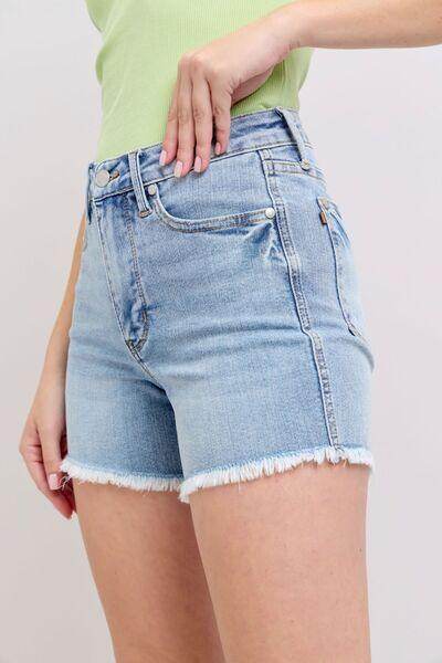 Judy Blue Full Size Tummy Control Raw Hem Denim Shorts Plus Size - Selvanelle