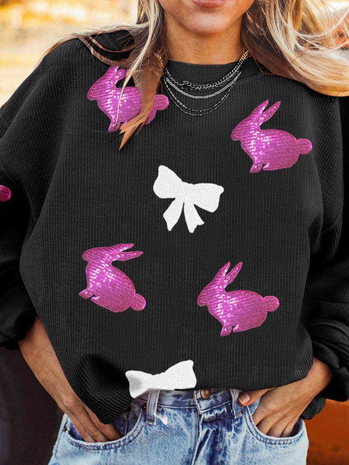 Sequin Bunny Bow Easter Corded Rib Sweatshirt - Selvanelle