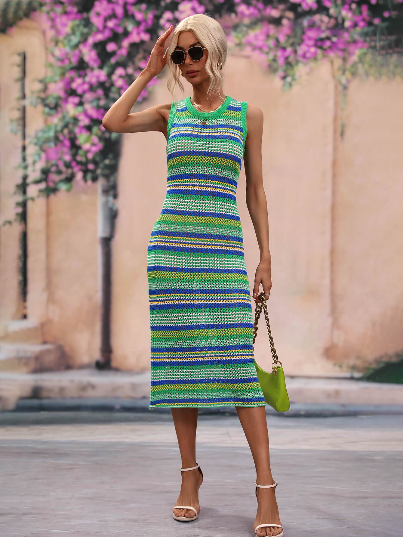 Striped Round Neck Sleeveless Midi Cover Up Dress - Selvanelle