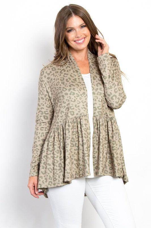 Be Stage Full Size Peplum Leopard Cardigan for Women - Selvanelle