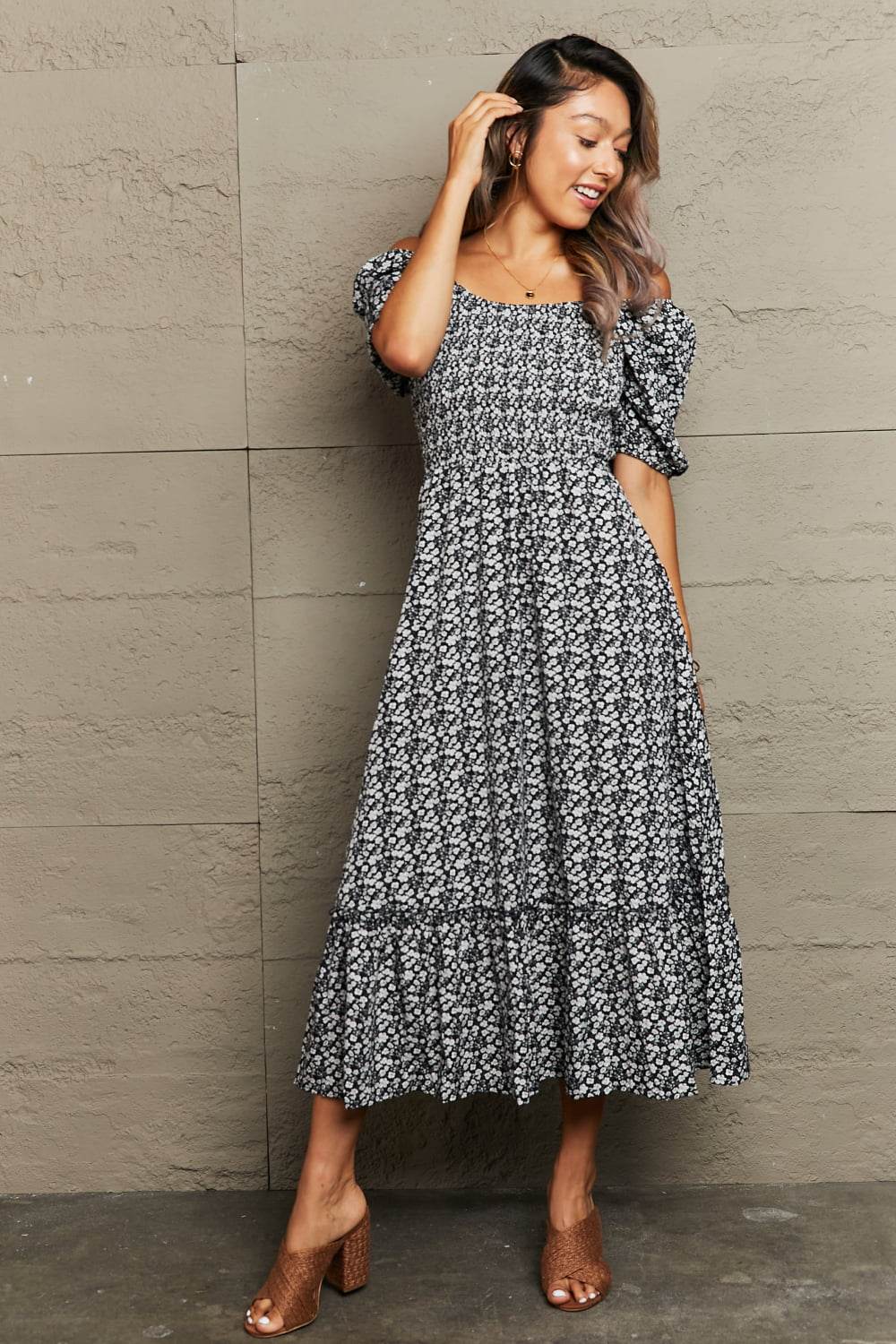 Perfee Floral Lace-Up Off-Shoulder Midi Dress - Selvanelle