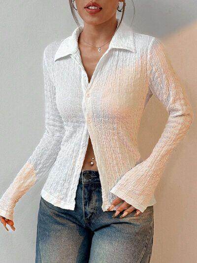 Wrinkled Collared Neck Long Sleeve Shirt for Women - Selvanelle