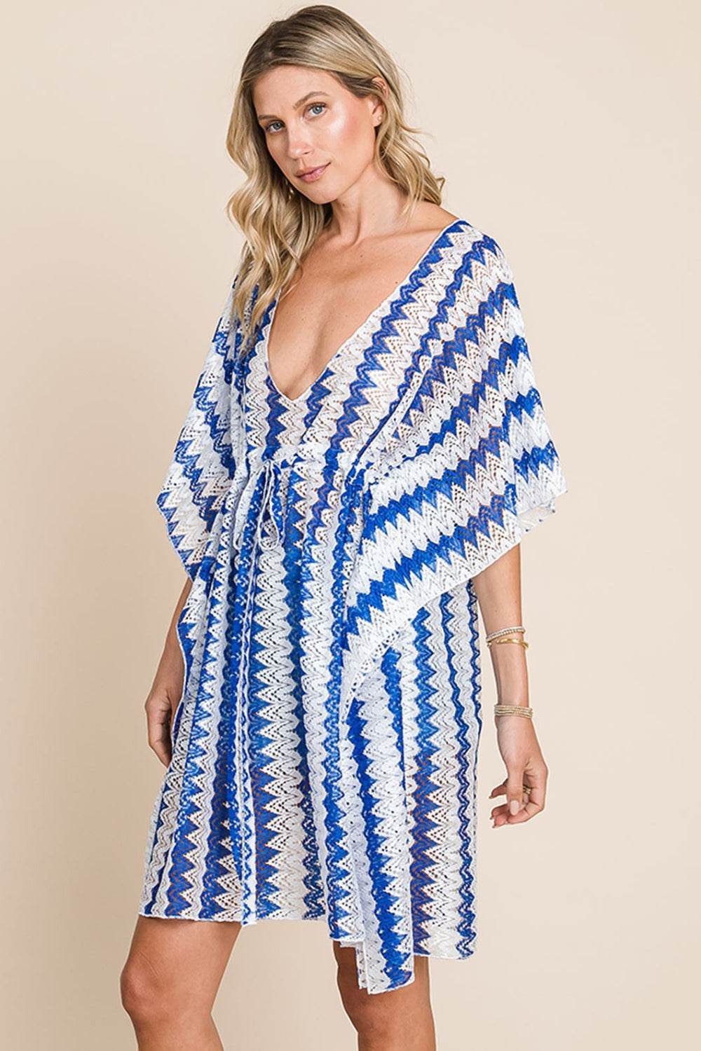 Cotton Bleu by Nu Lab Tied Striped Plunge Half Sleeve Cover-Up - Selvanelle