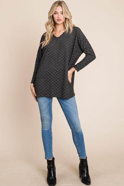 BOMBOM Checkered Long Sleeve V-Neck T-Shirt for Women - Selvanelle