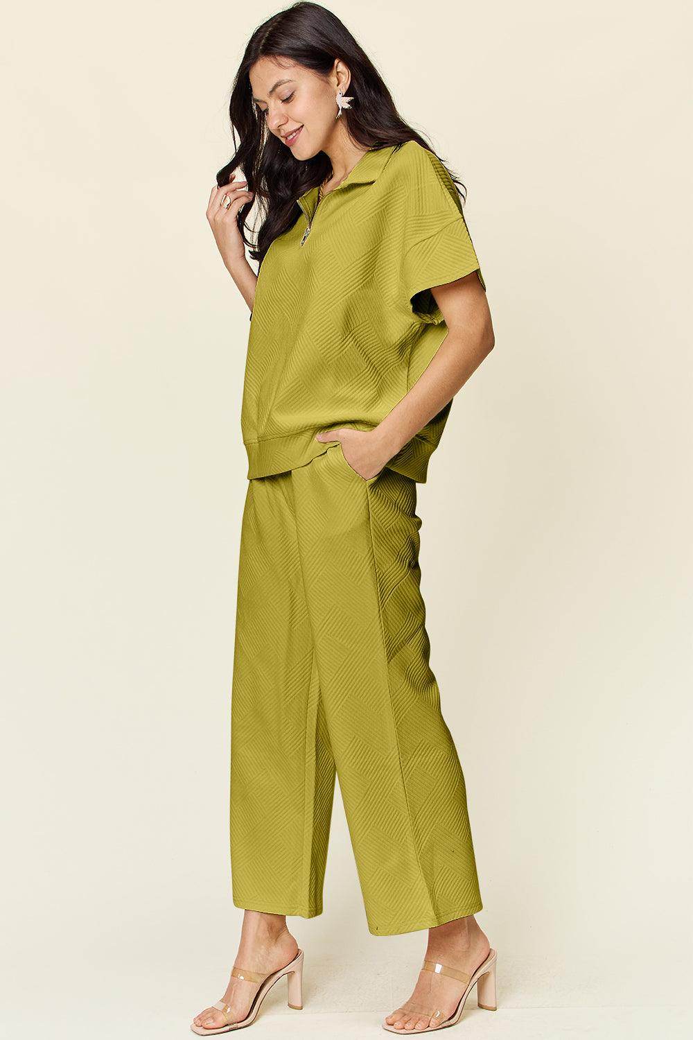 Double Take Full Size Texture Half Zip Short Sleeve Top Set - Selvanelle