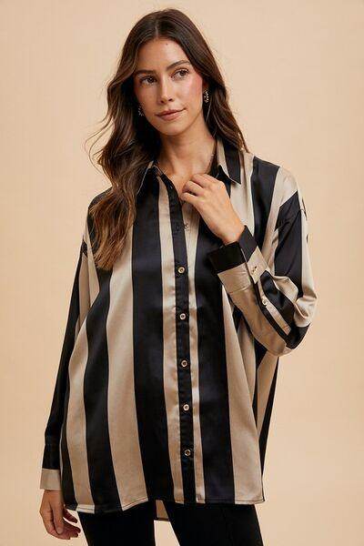 Annie Wear Striped Dropped Shoulder Button Up Shirt For Women - Selvanelle