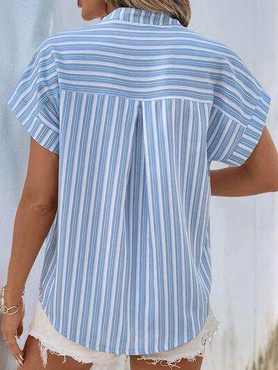 Perfee Half Button Striped Short Sleeve Blouse for Women - Selvanelle