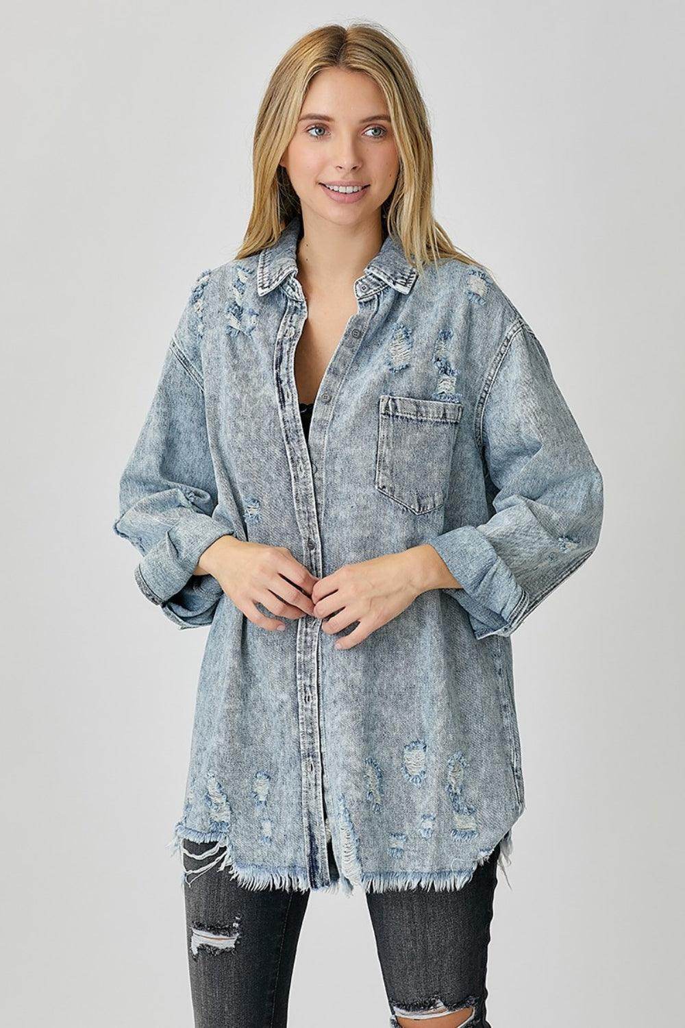RISEN Distressed Raw Hem Denim Shirt for Casual Style - Selvanelle