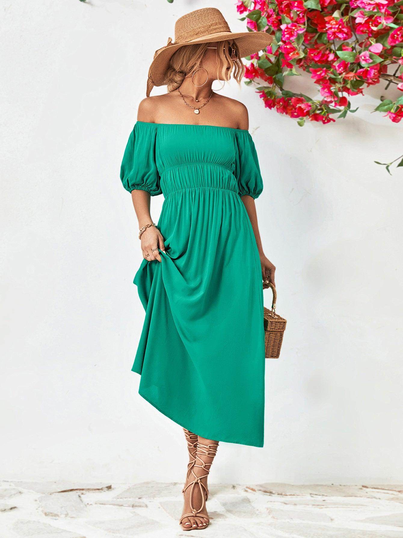 Off-Shoulder Balloon Sleeve Midi Dress for Chic Style - Selvanelle