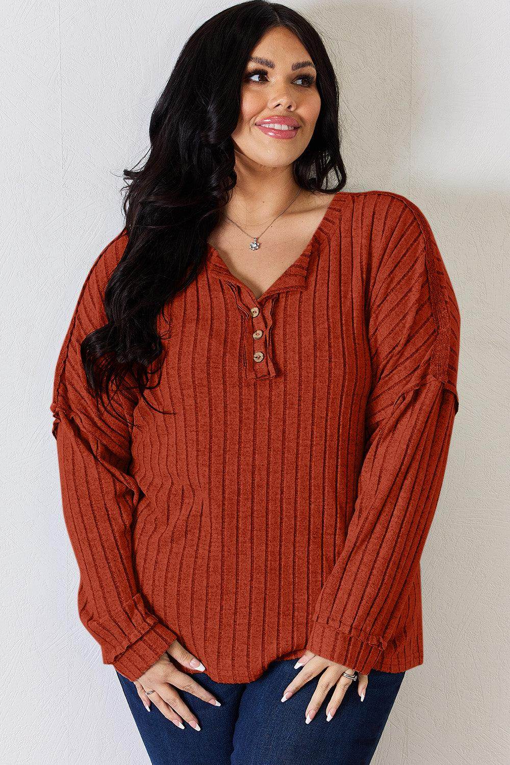 Basic Bae Full Size Ribbed Half Button Long Sleeve T-Shirt - Selvanelle