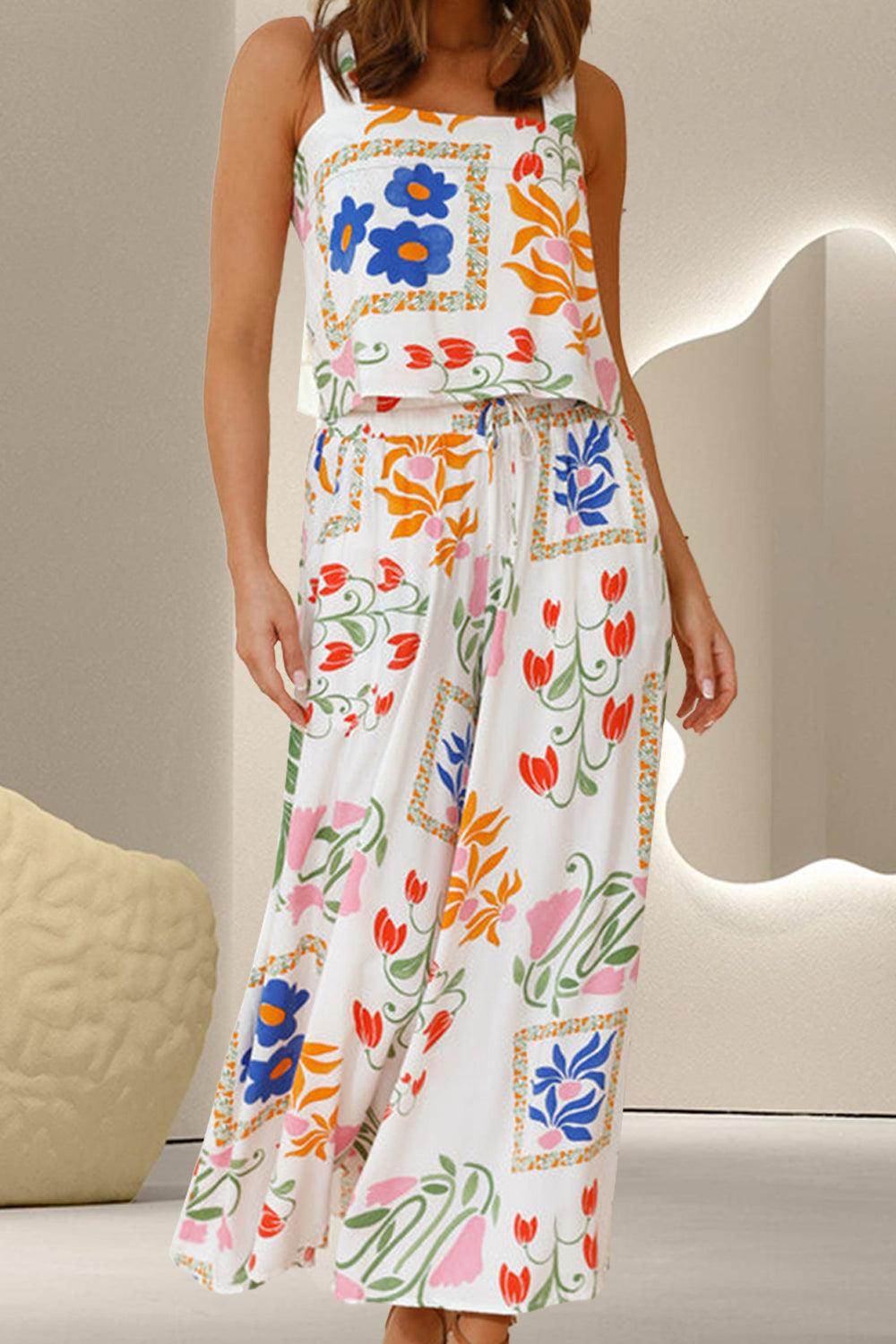 Stylish Printed Square Neck Top and Pants Set for Women - Selvanelle