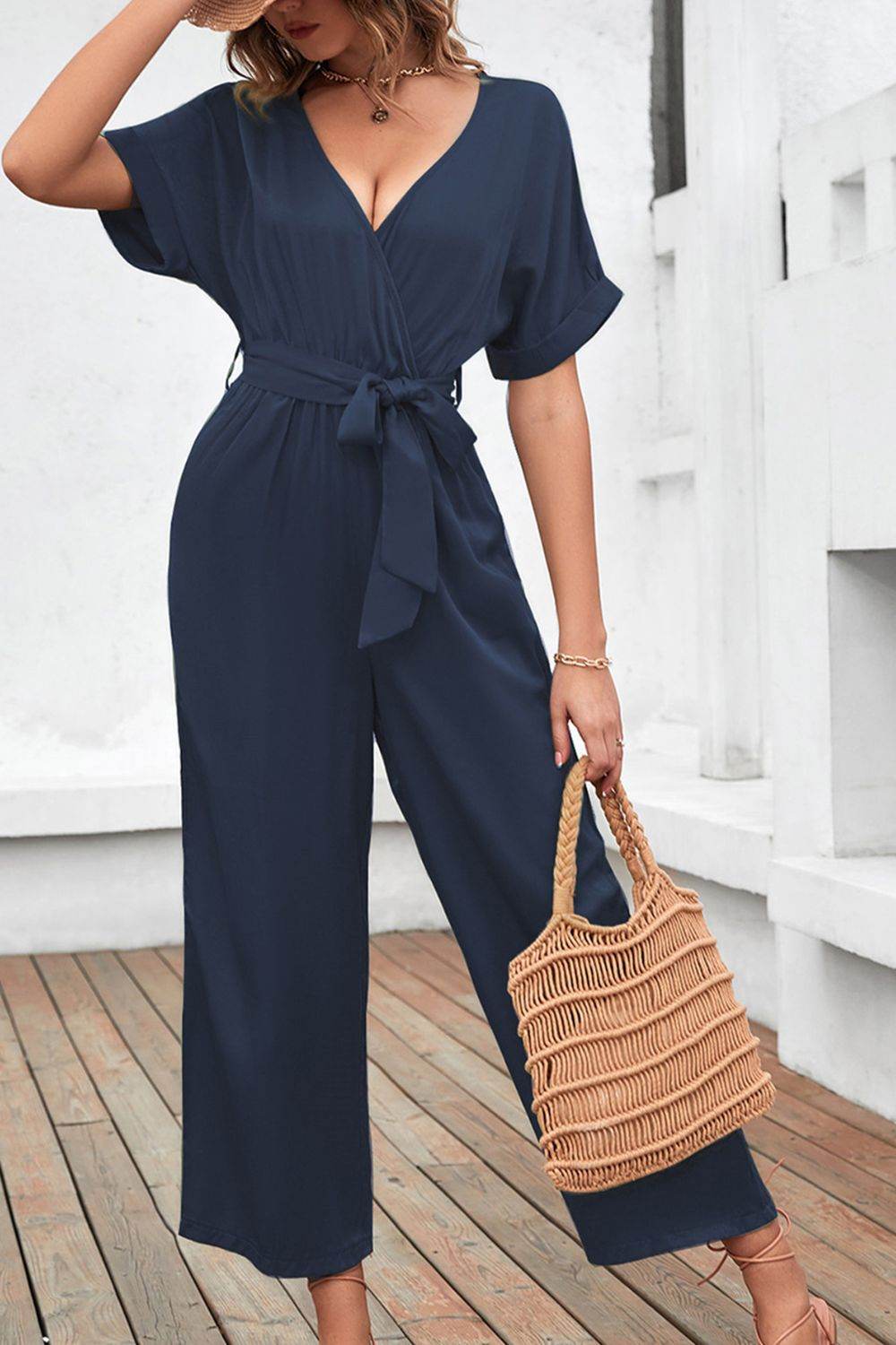 Tie Waist Surplice Wide Leg Jumpsuit - Selvanelle