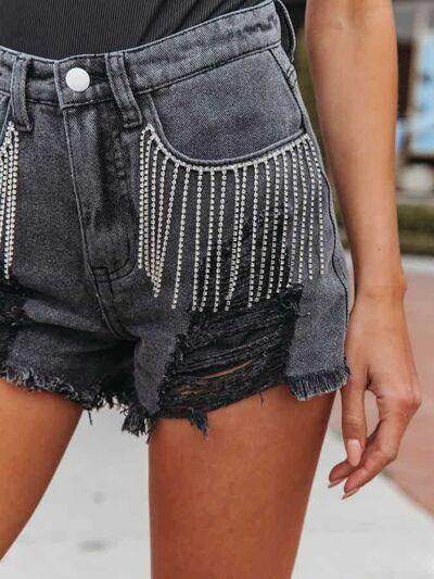 Distressed Fringe Denim Shorts with Pockets for Women - Selvanelle