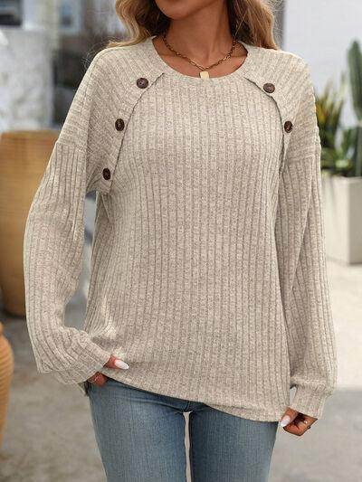 Mandy Decor Button Long Sleeve Ribbed T-Shirt for Women - Selvanelle