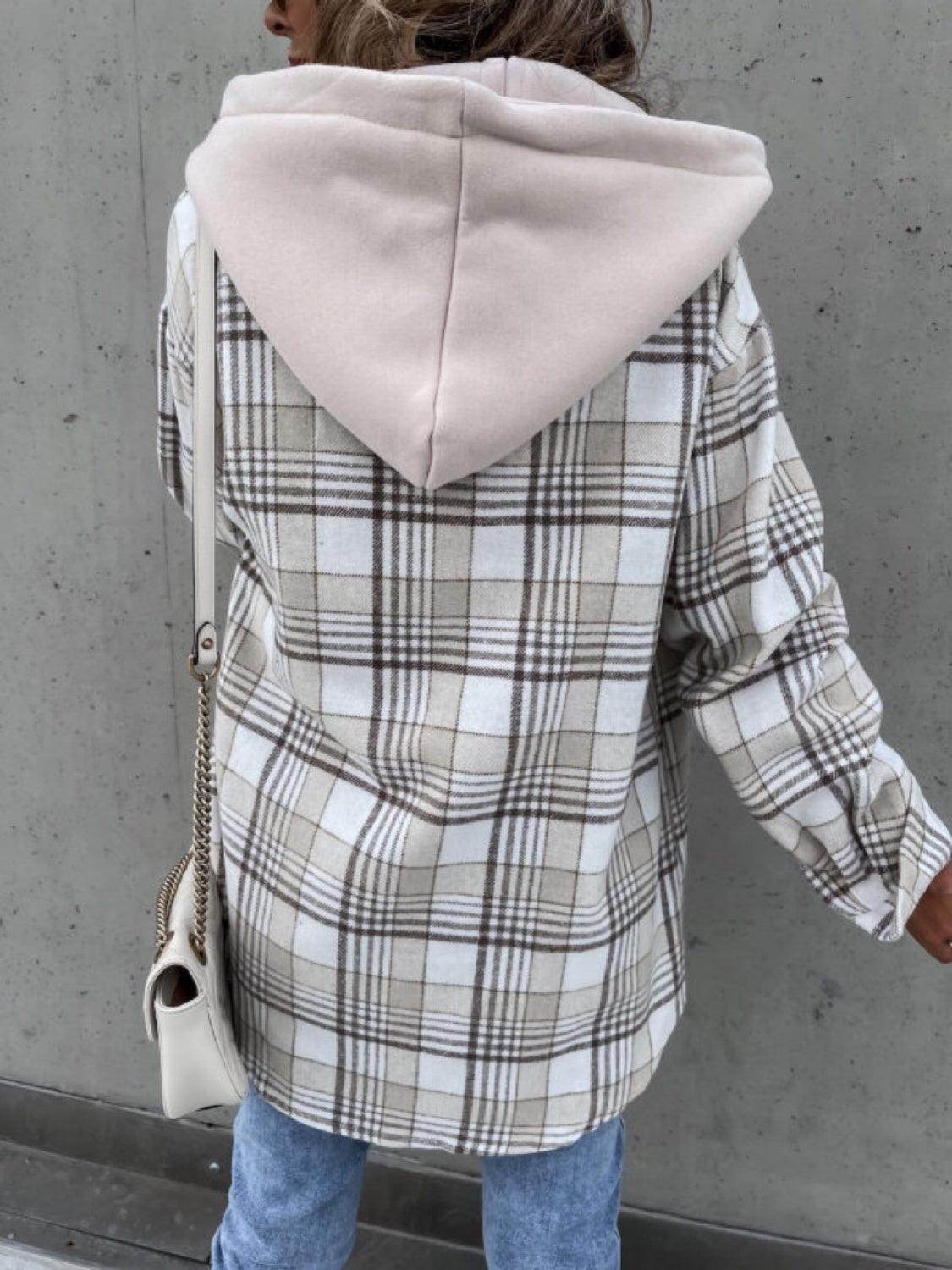 Plaid Dropped Shoulder Hooded Jacket for Casual Style - Selvanelle