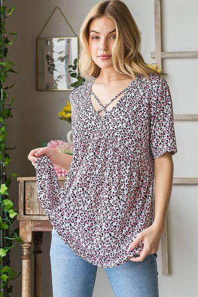 Heimish Full Size Short Sleeve Crisscross Animal Babydoll Top Plus Size - Selvanelle