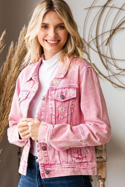 Veveret Daisy Print Button Up Denim Jacket for Women - Selvanelle