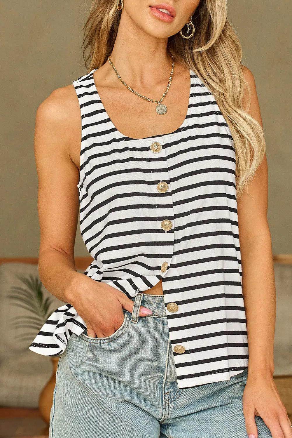 Buttoned Striped Wide Strap Tank for Casual Summer Style - Selvanelle