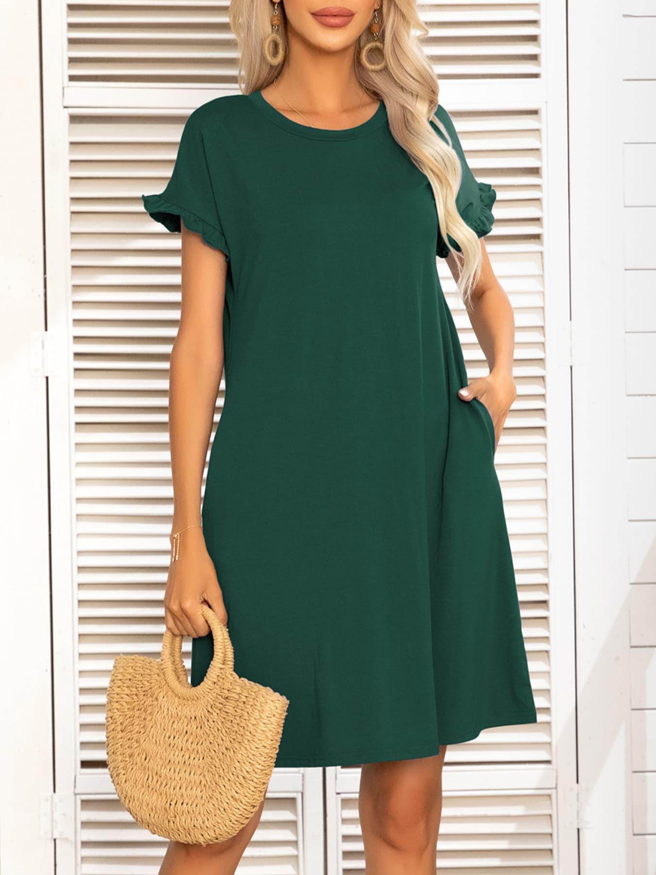 Round Neck Flounce Sleeve Dress with Pockets for Women - Selvanelle