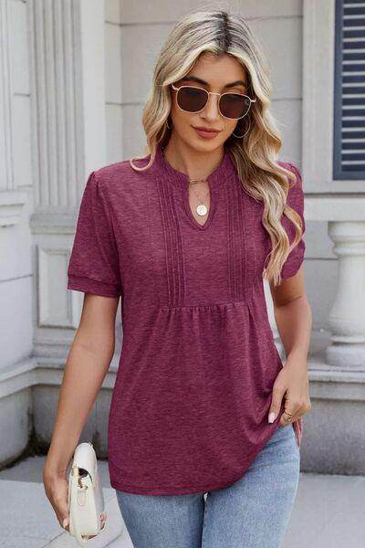 Notched Short Sleeve Solid Color Top for Everyday Style - Selvanelle