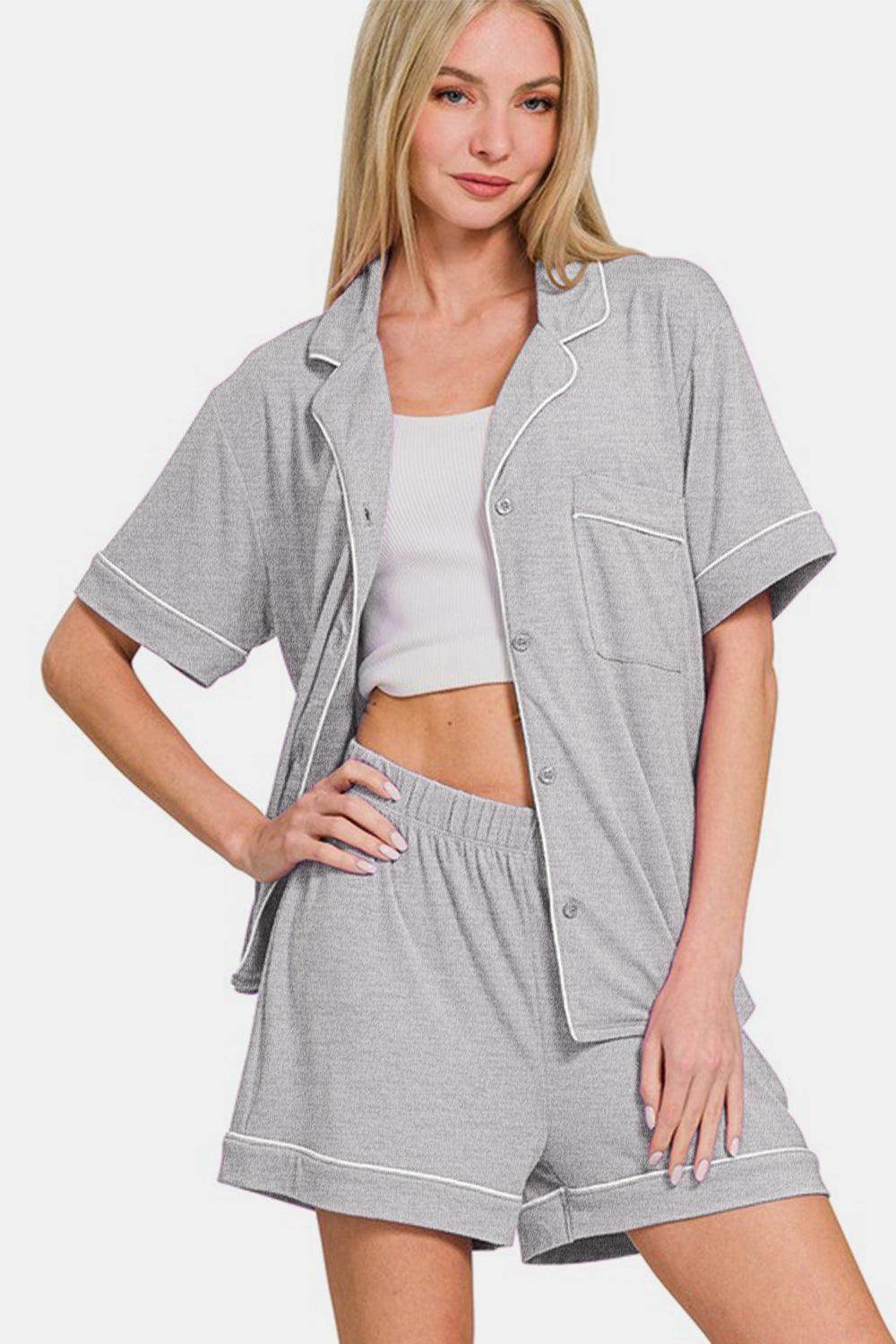 Zenana Button Down Short Sleeve Top and Shorts Lounge Set - Selvanelle