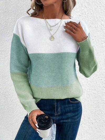 Color Block Boat Neck Sweater for Stylish Layering - Selvanelle