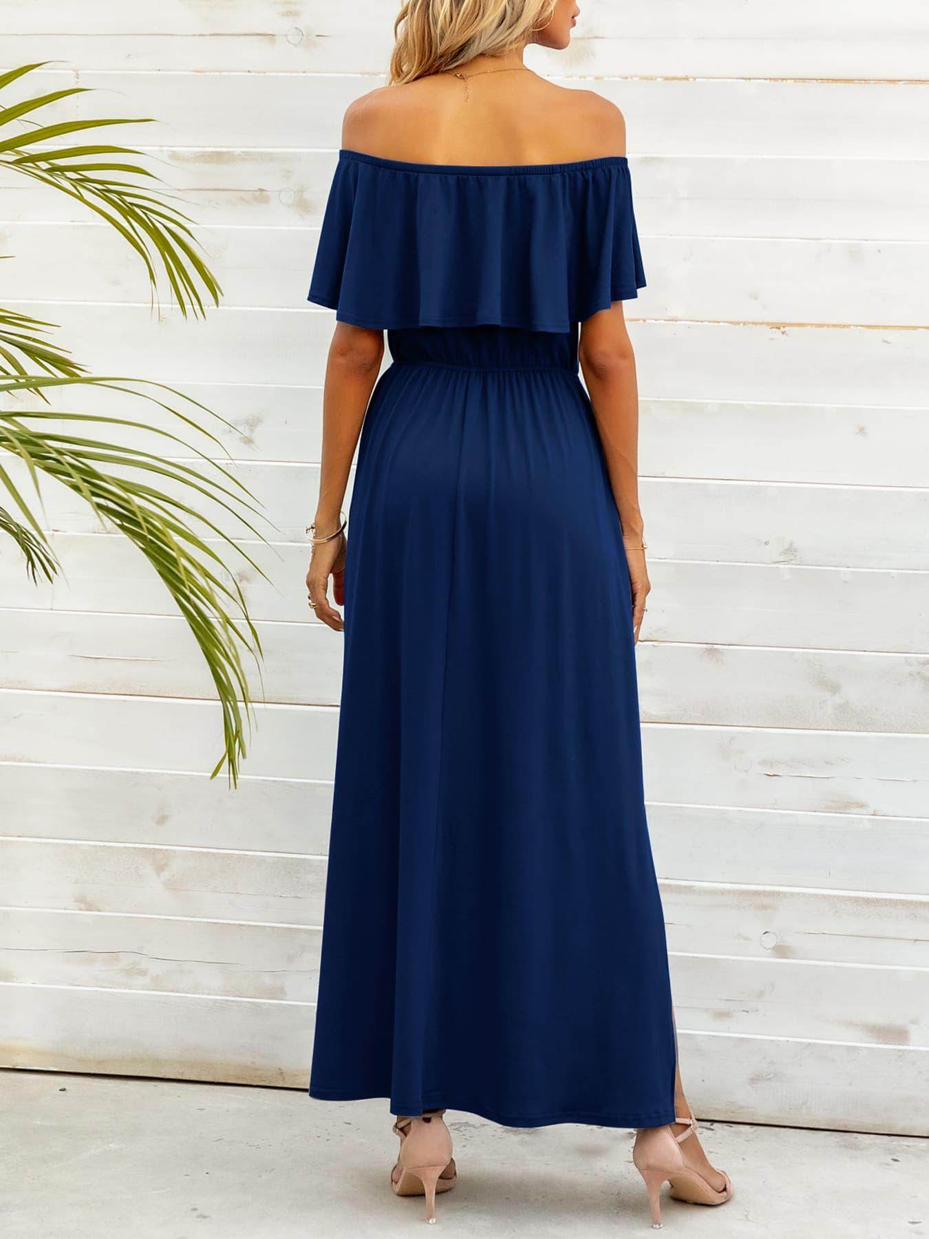 Off-Shoulder Slit Maxi Dress for Elegant Summer Style - Selvanelle
