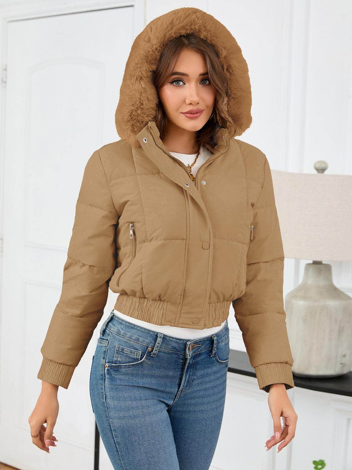 Pocketed Long Sleeve Cropped Hooded Winter Coat for Women - Selvanelle