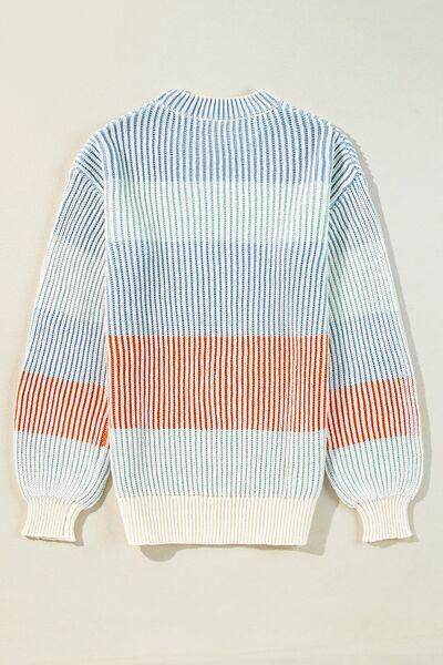 Striped Color Block Round Neck Long Sleeve Sweater for Women - Selvanelle