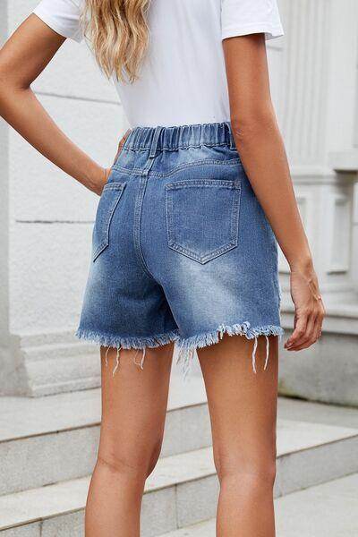 Distressed Raw Hem Asymmetric Waist Denim Shorts for Women - Selvanelle