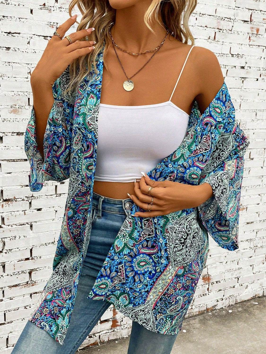 Printed Open Front Three-Quarter Sleeve Cover Up - Selvanelle