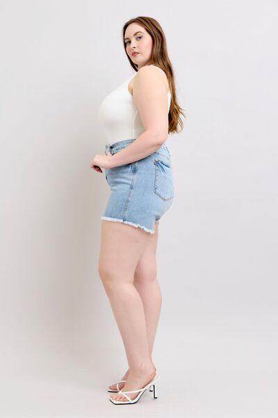 Judy Blue Full Size Tummy Control Raw Hem Denim Shorts Plus Size - Selvanelle