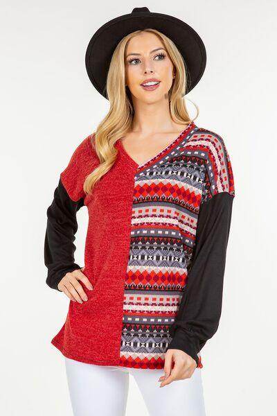 Celeste Full Size Contrast Geometric V-Neck Blouse - Selvanelle