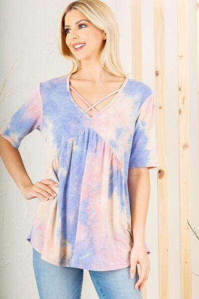 Heimish Full Size Crisscross Tie Dye Babydoll Top Plus Size - Selvanelle