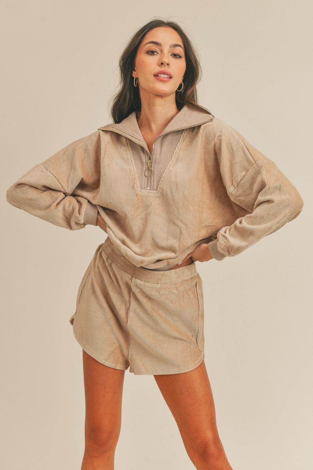 MABLE Corduroy Half Zip Top and Shorts Set for Women - Selvanelle