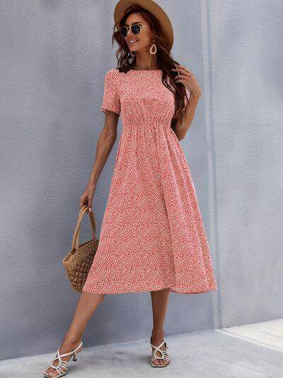 Honey Printed Round Neck Short Sleeve Midi Dress for Women - Selvanelle