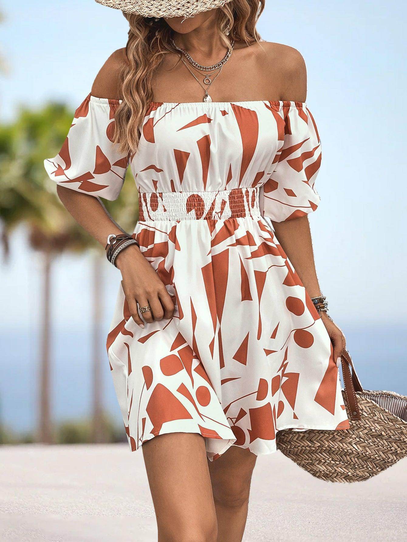 Printed Off-Shoulder Smocked Waist Dress for Women - Selvanelle