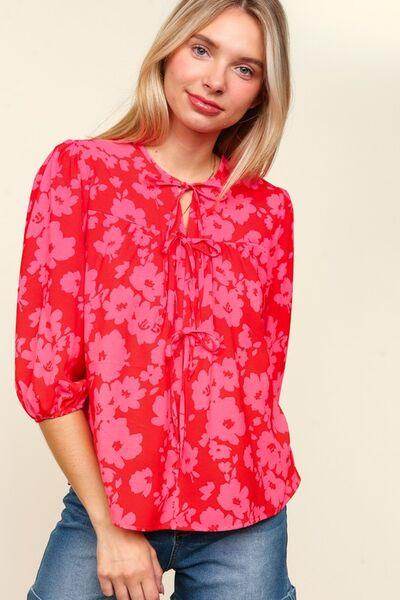 Haptics Full Size Ribbon Bow Floral Balloon Sleeve Blouse - Selvanelle