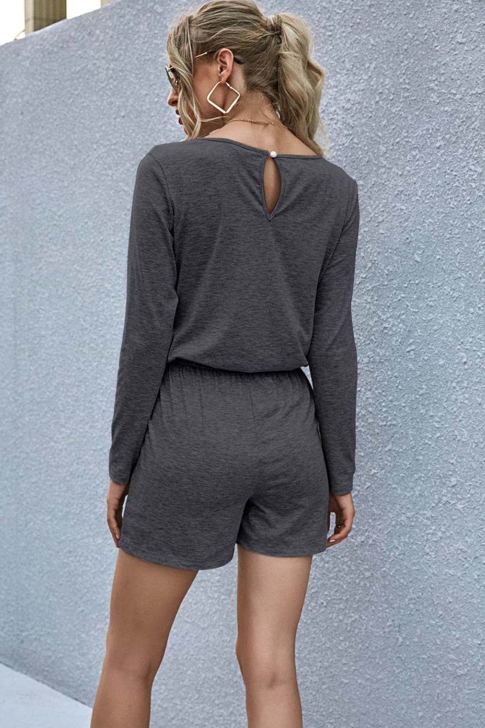 Drawstring Waist Long Sleeve Romper - Selvanelle