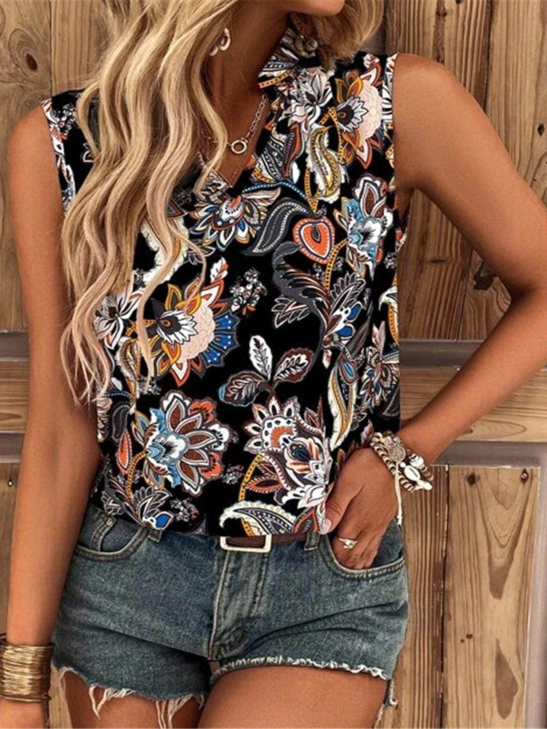 Printed Notched Sleeveless Top for Women in Various Sizes - Selvanelle