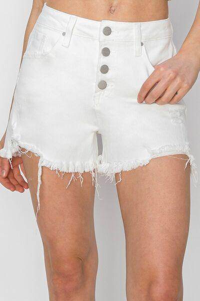 RISEN Button Fly Frayed Hem Denim Shorts for Women - Selvanelle