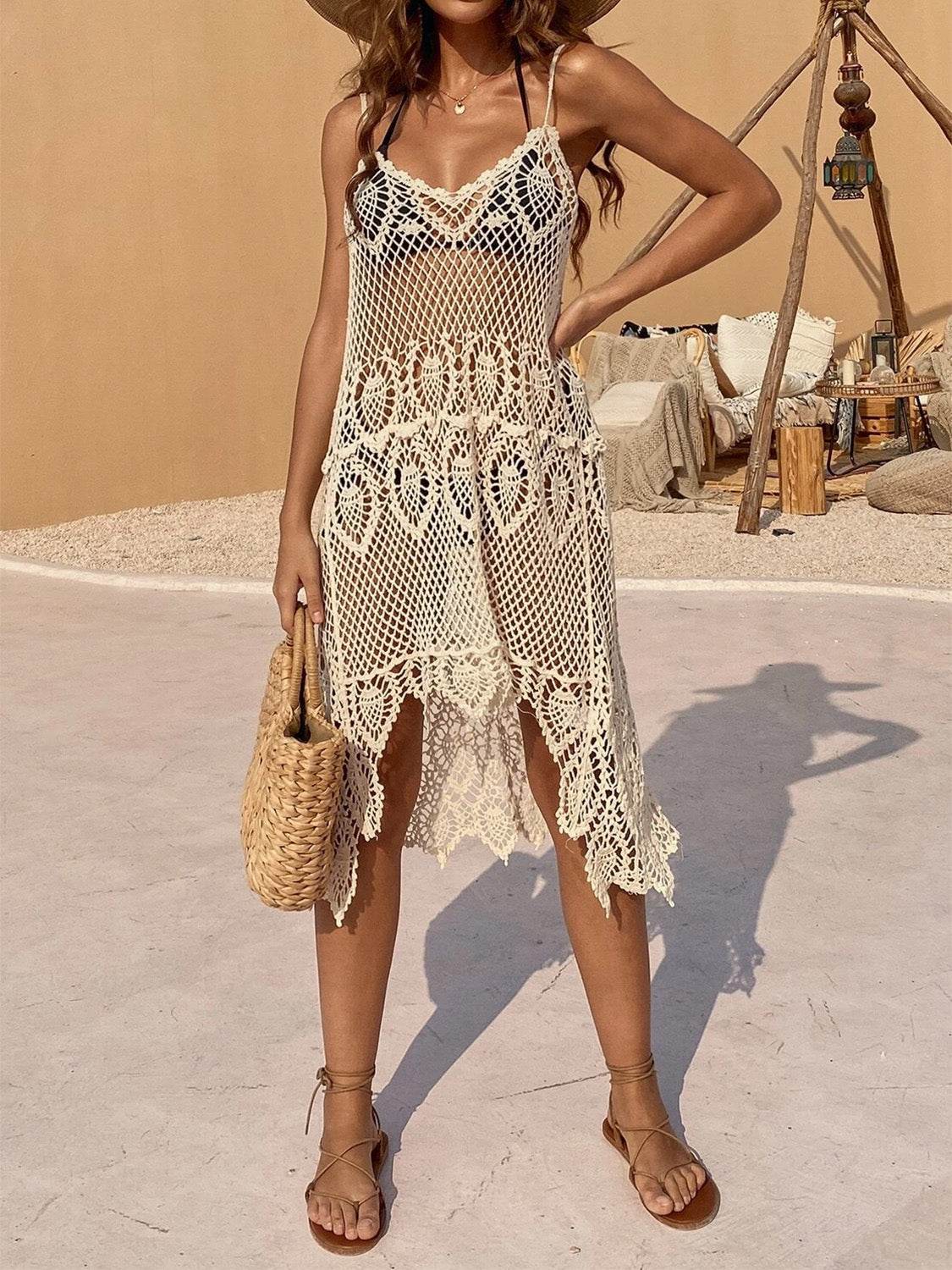 Openwork Scoop Neck Spaghetti Strap Cover-Up Dress - Selvanelle