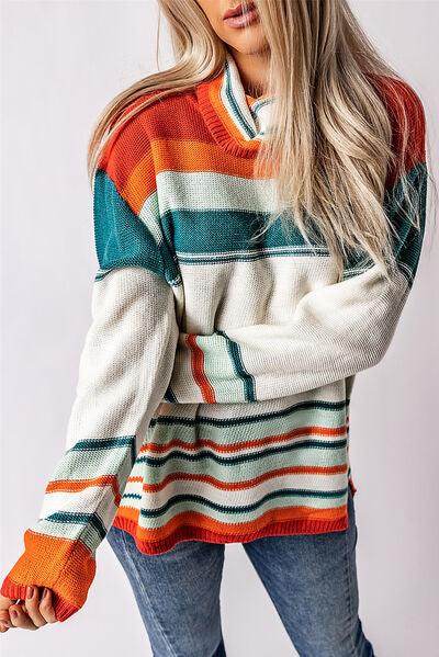 Contrast Striped Turtleneck Dropped Shoulder Sweater for Women - Selvanelle