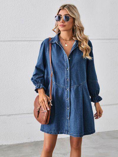 Button Up Flounce Sleeve Mini Denim Dress for Women - Selvanelle
