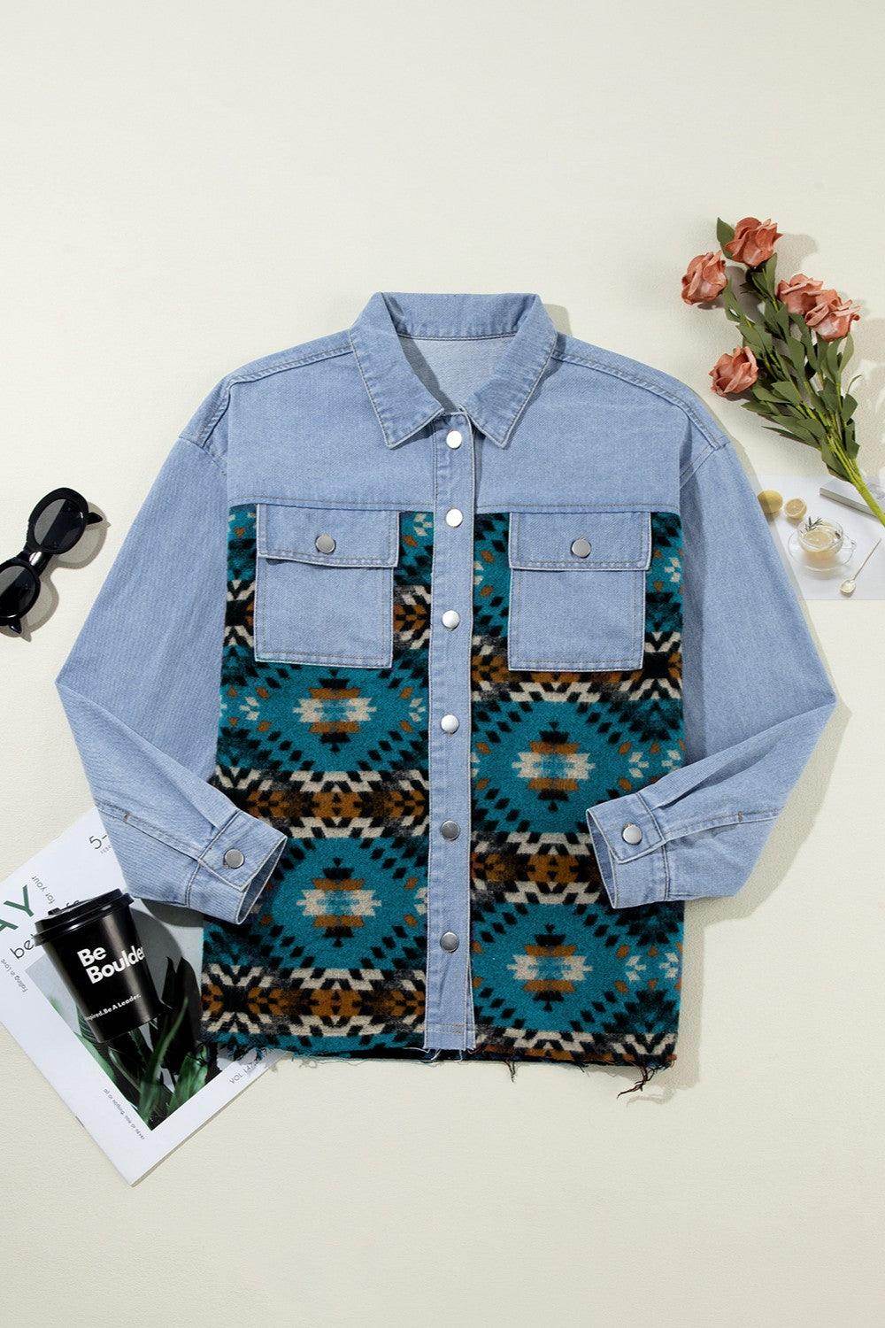 Pocketed Button Up Long Sleeve Denim Jacket for Women - Selvanelle