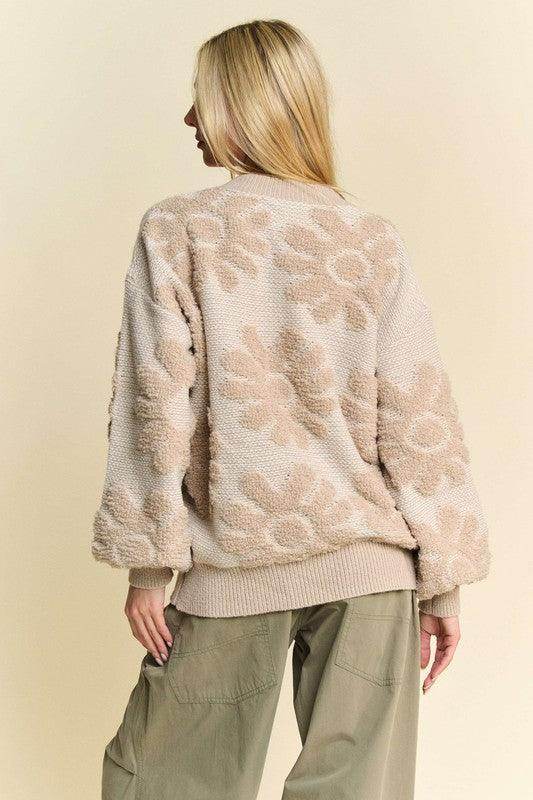 Davi & Dani Flower Texture Round Neck Sweater for Women - Selvanelle
