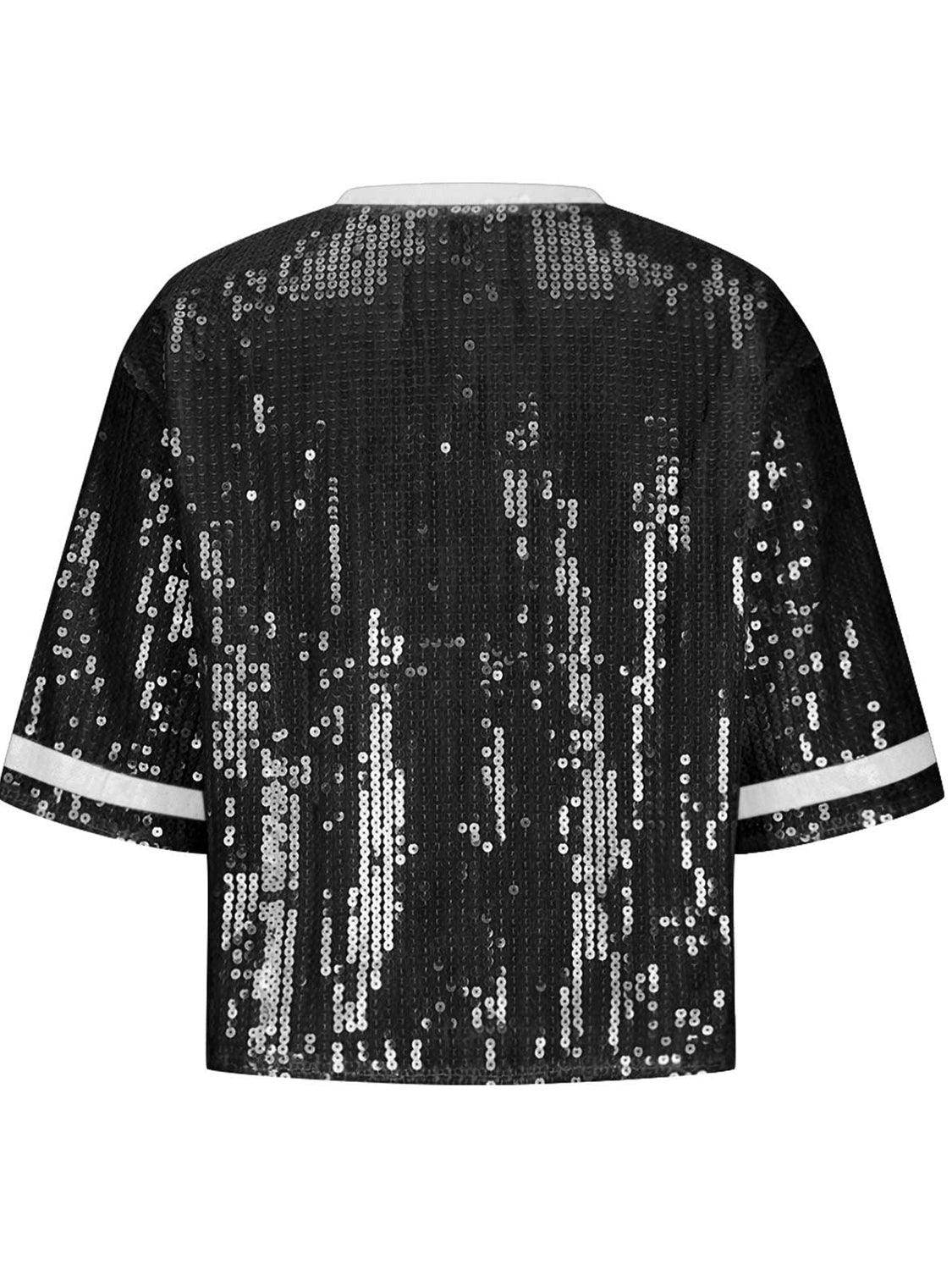 Sequin Football Round Neck Half Sleeve Top for Women - Selvanelle