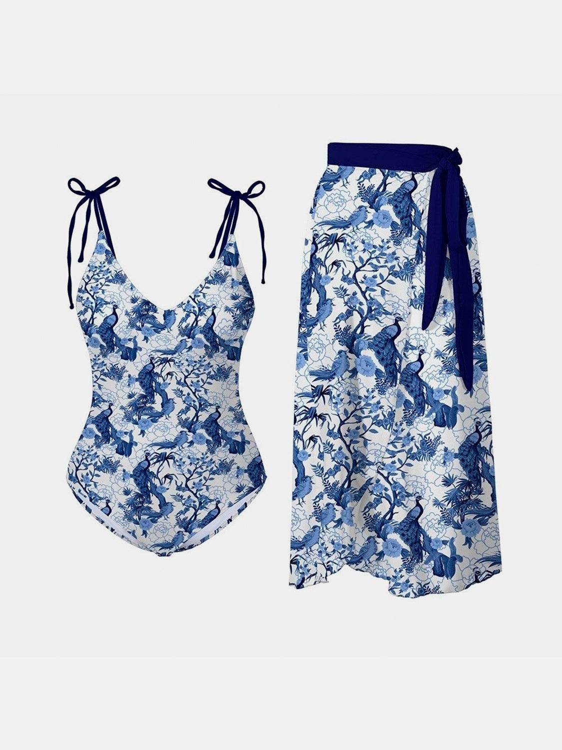 FAM-FAM Printed Tie Shoulder Swimwear and Skirt Swim Set - Selvanelle